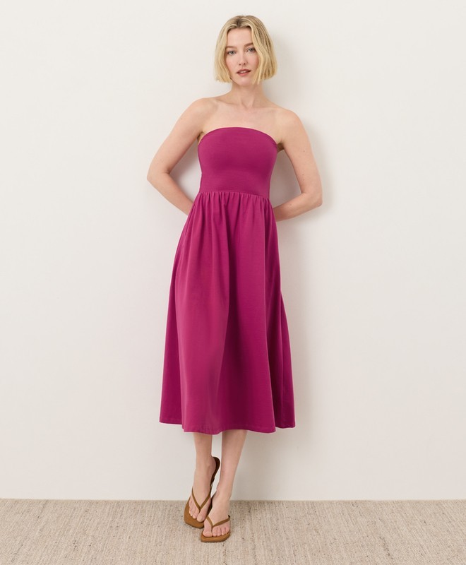 Pact Organic Cotton Fit Flare Strapless Dress Summer Party _ SHIP FROM US