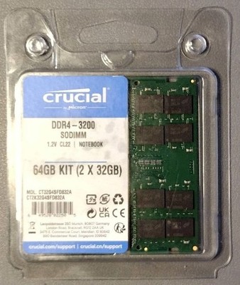 Crucial 64GB Kit 2x32GB DDR4-3200 SODIMM Laptop RAM CT32G4SFD832A - TESTED GOOD