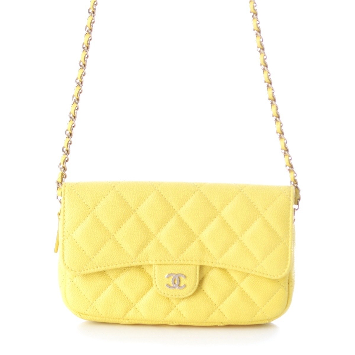 CHANEL Yellow Matelassé Caviar Skin Chain Wallet Shoulder Bag AP2096 Pre-Owned