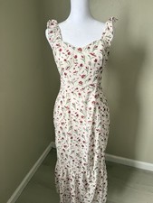 RIHOAS Floral MIDI Dress Size S Cottagecore Ruffle Strap Smocked Back Cream Red