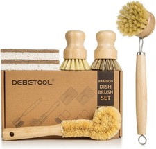 6pc Bamboo Dish Brush Set Coconut Sponge Kitchen Scrub Brushes Natural