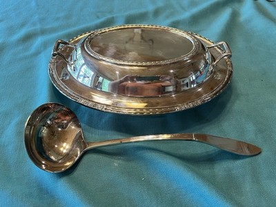 Oval Silver Serving Tray With Cover And Ladle Patterned 11.75 X 8.5 Bottom