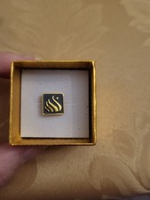 Swarovski Swan Logo Gold Tone Black Enamel Lapel Pin Tie Tack Signed