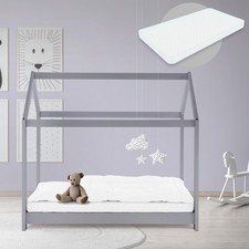 Lettino per bambini forma casa legno grigio 140 x 70 cm + materasso sfoderabile