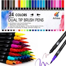 Colouring Pens wallet of 24 | Felt Fine Tip Pens - Coloured Dual Tip Brush Pen