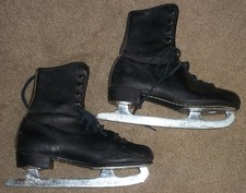 VINTAGE BLACK LEATHER SHEFFIELD STEEL ICE SKATES, SIZE 7, MADE IN CANADA