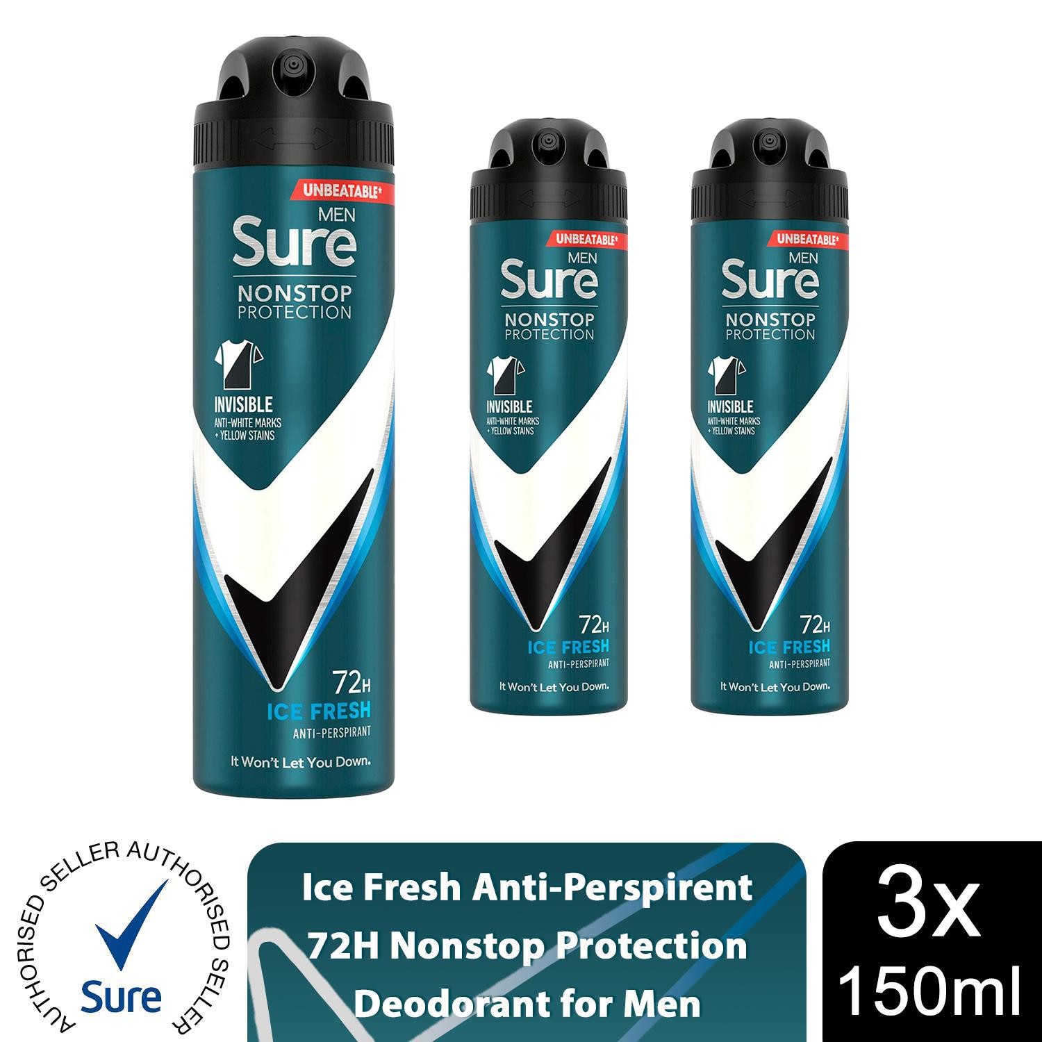 Sure Men Nonstop Protection Invisible Antiperspirant Deo Ice Fresh 150ml, 3 Pack