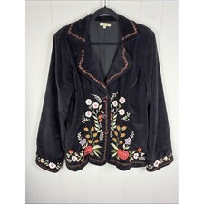 Black Velvet BlazerJacket with Embroidered Floral Detail Size XL Boho Whimsigoth