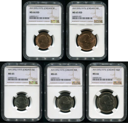 Jordan 5–10–25–50–100 Fils 1975 AH1395 KM15–KM19 NGC MS65–MS66 RD (5) – Top Pop