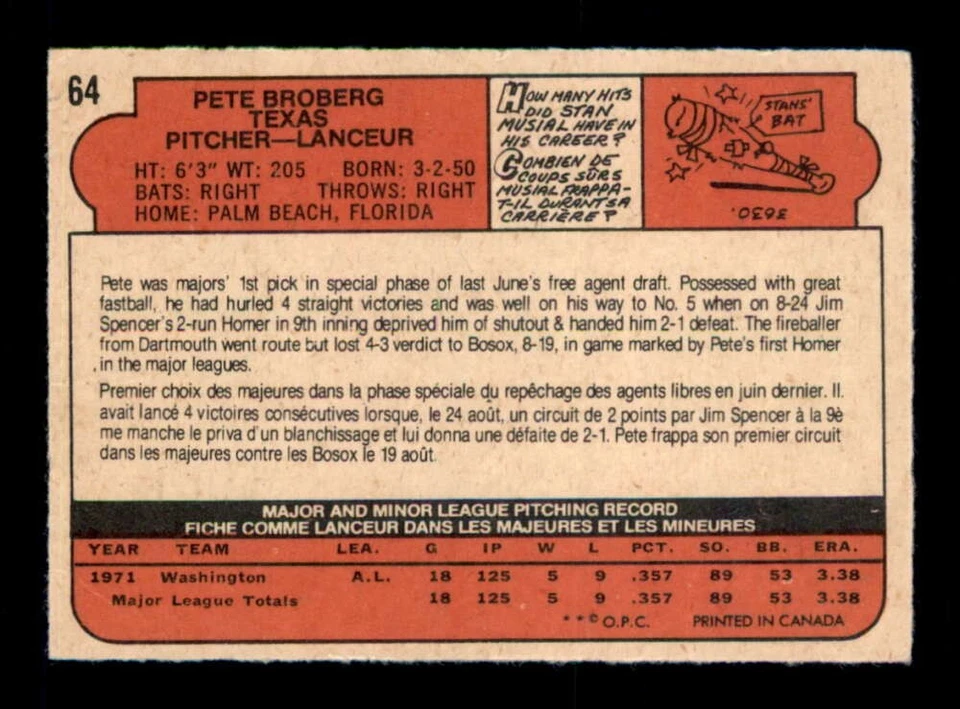 1972 O-Pee-Chee #64 Pete Broberg   VG/VGEX X3589126 - Image 2 of 3