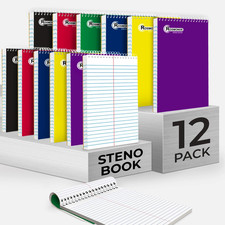 Steno Pads Spiral 6X9 12 Pack, Gregg Ruled Steno Pad, Assorted Colors, 80 Sheets
