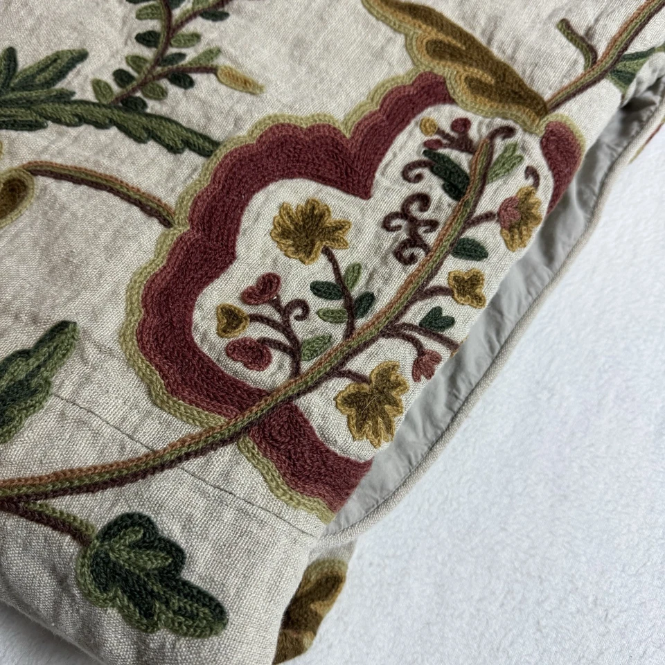 Williams Sonoma Full/Queen Duvet Cover Shams Floral Embroidered Crewel Linen - Image 3 of 4