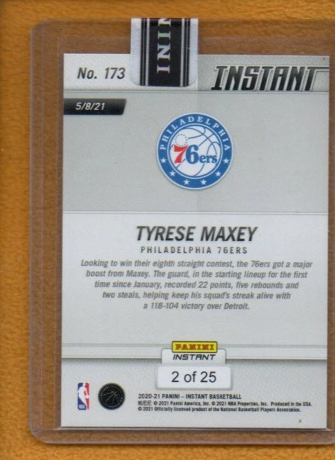 Tyrese Maxey 2020-21 Panini Instant Rookie RC Philadelphia 76ers #173 /25 - Image 2 of 2