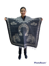 MEXICAN PONCHO , HORSE , HORSESHOE , BLANKET GABAN , ONE SIZE , BLACK - BEIGE