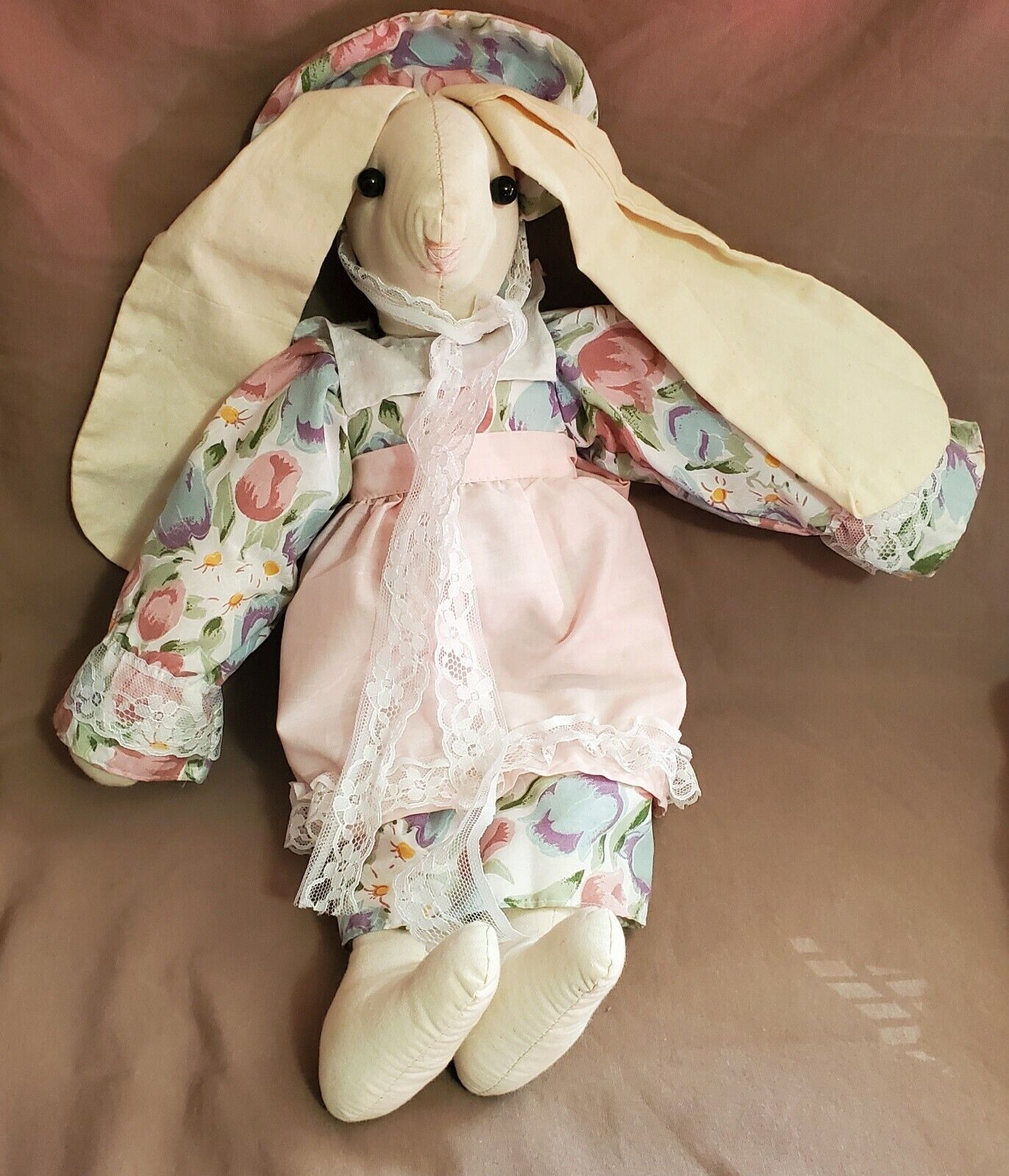 Vintage Handmade 15” Rabbit Doll Stuffed Animal Cloth Fabric Bun