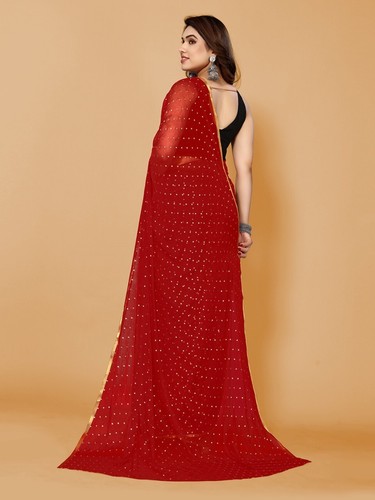 Woven, Embellished Daily Wear Chiffon Saree (Red) - Picture 3 of 5