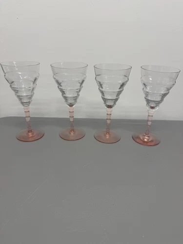 Set Of 4 RARE Central Glass Works 7.5" MODERNE Pink Water Wine Goblet Stem #38