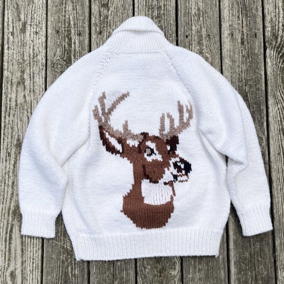 Vintage 60s Mary Maxim Deer Chunky Knit Zip Up Cowichan Cardigan