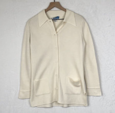 VTG LeRoy Cardigan Women's Sz L Ivory 60s Button Collar Pockets Grandma Acrylic