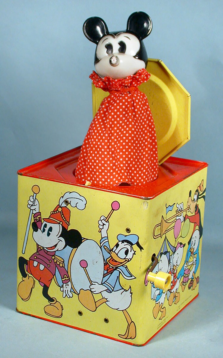 1970s Mickey Mouse Jack In The Box Musical Carnival Toy Walt