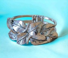 Vintage Naturalists Leaf Plant Clamper Bangle Bracelet Silver tone 7.5"