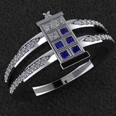 Doctor Who inspired Tardis Ring Princess CZ Engagement Wedding 925 Silver
