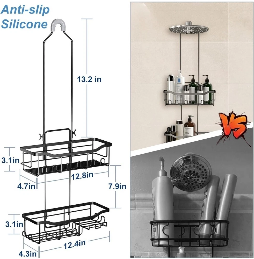 Shower Caddy Extended Length, Over Showerhead No Blocking w/Hooks & Soap Holder