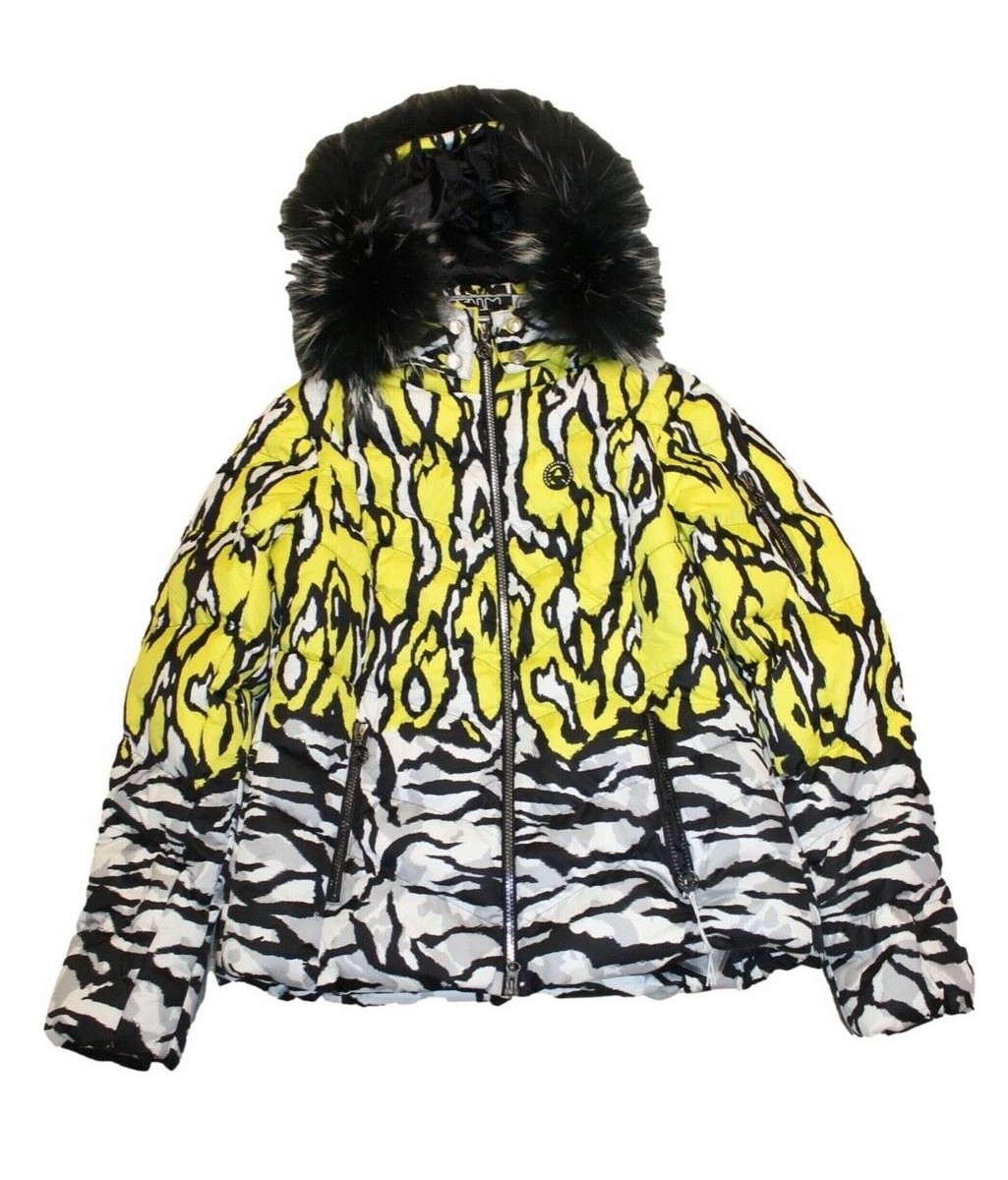 Sportalm Women Ski Jacket Top Print with Real Fur Yellow Black