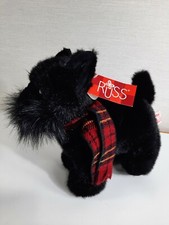 Russ Berrie Shadow Scottie Dog Black Plush Scottish Terrier 9" W/Plaid Scarf-Tag