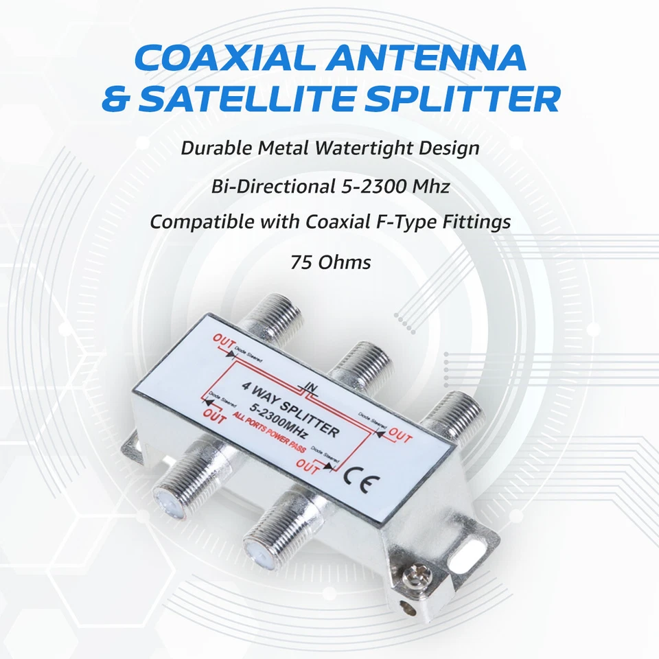 4 Way TV Splitter 5-2300 MHz Coax Cable Adapter for RG59 RG6 HDTV Satellite - Image 4 of 4