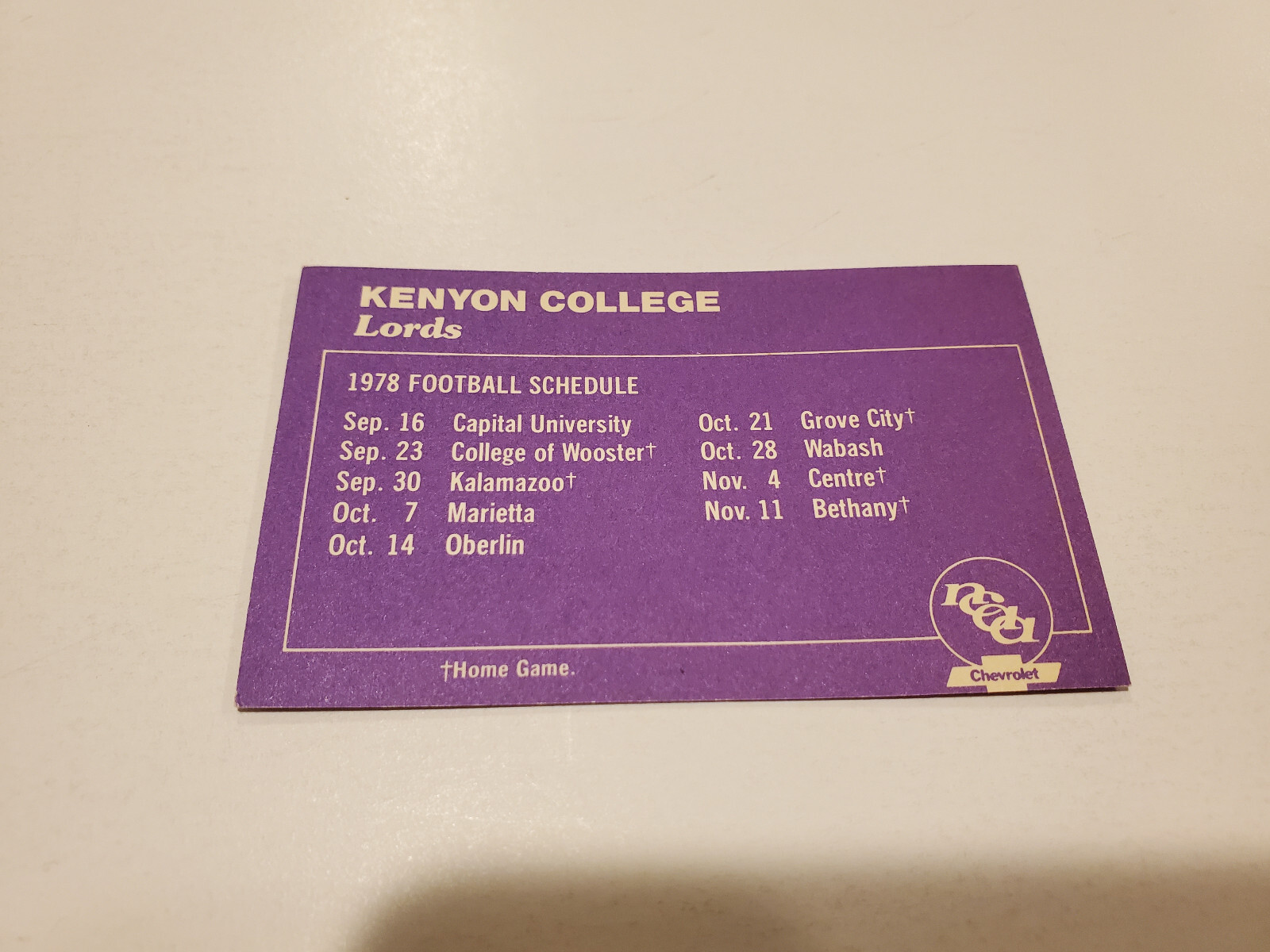 RS20 Kenyon College 1978 Football Chevrolet Pocket Schedule Card | eBay