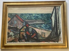 Mid Century Coastal Regionalism Painting Landscape Listed Vintage Urban Workers