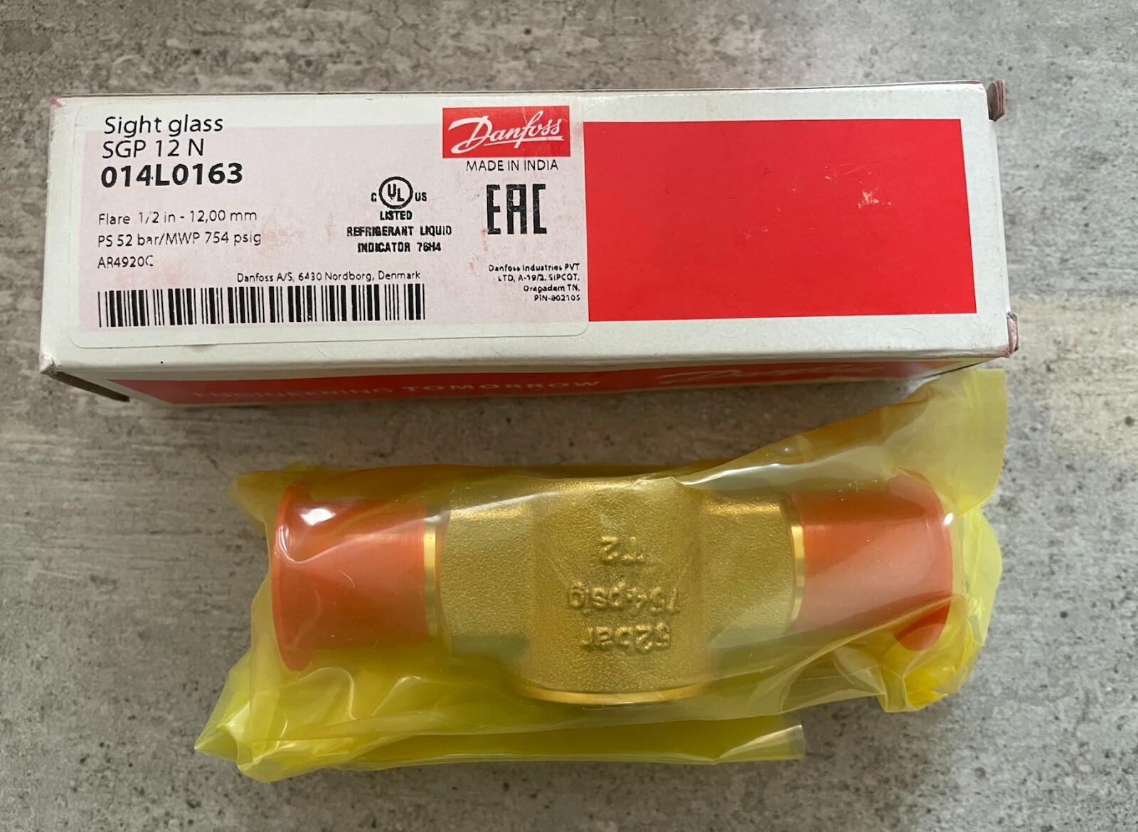 Danfoss Refrigerant Sight Glass SGP 12 N Flare 1/2"" 12mm PS 52 bar 014L0163 BNIB