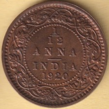 BRITISH INDIA 1920 KING GEORGE V 1/12 ANNA RARE COPPER COIN