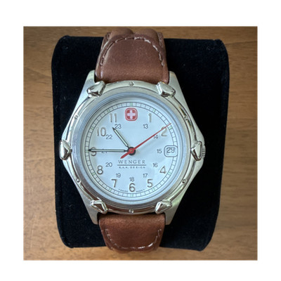 Wenger Swiss Quartz Analog Wristwatch, White Dial, Brown Leather Band, Date