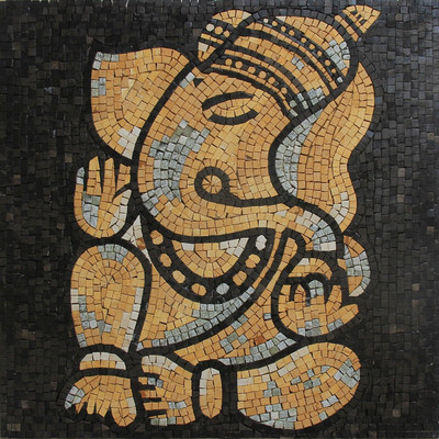 Mosaic Marble Ganesh Elephant Yellow and Black Tile Art