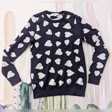 Ann Taylor Loft Petites Navy Blue White Wool Blend Heart Pattern Knit Sweater
