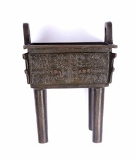1900's Chinese Bronze Ears Censer Incense Burner Fang Ding Taotie Animal Masks