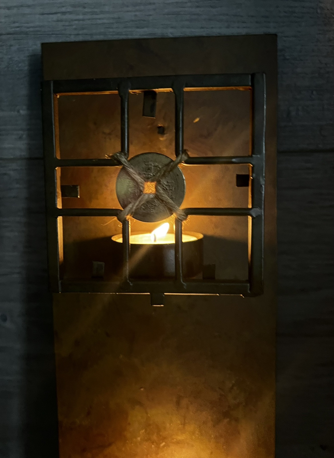 Rustic Asian Wall Sconce w/2 Tea Light Candle Holder Asian Coin Jute Rope Accent