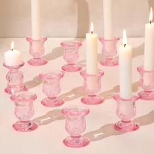 Set of 10 Pink Glass Taper Candle Holders for Elegant Table Decor