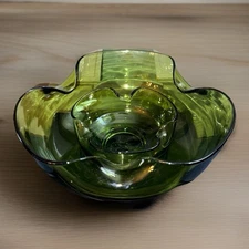 Vtg Anchor Hocking Blown Green Crimped Glass Chip & Dip Bowls Set MCM - EUC