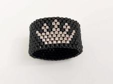 Beaded Peyote Crown Ring in Black and Steel / Seed Bead Jewelry