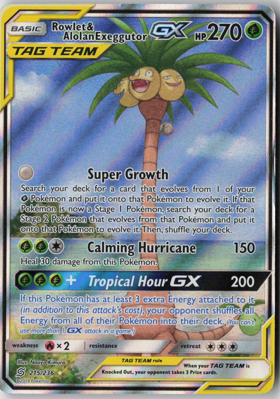 Rowlet & Alolan Exeggutor GX 215/236 Ultra Rare Unified Minds Pokemon Holo MP