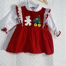 Vintage Rattles Red Velvet Baby Girl Dress Size 12 Months 2 Piece Outfit B2