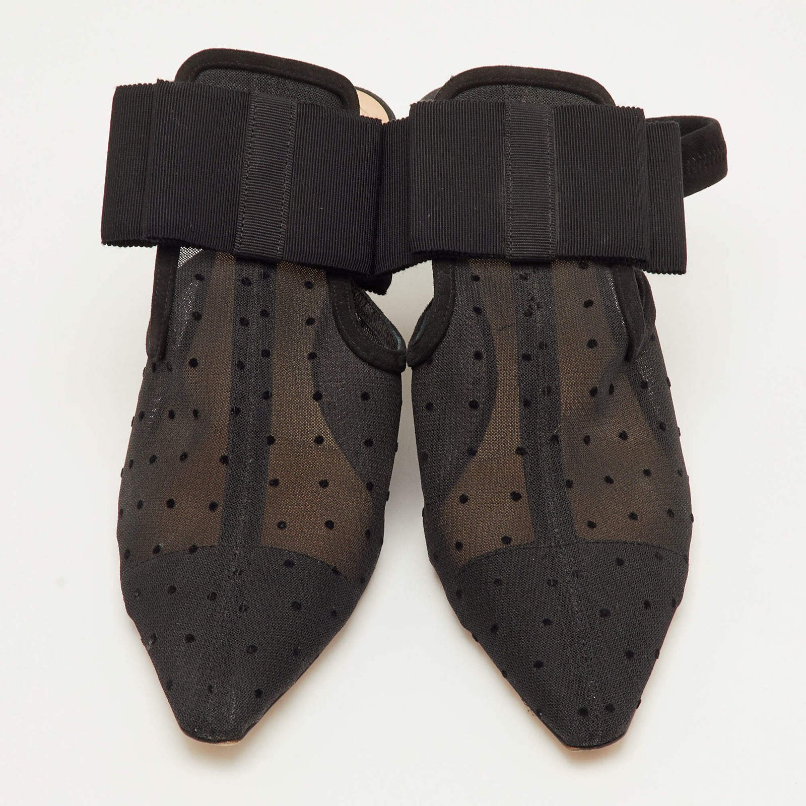 Dior Size 40 Black Mesh and Suede Trim Polka Dot Bow Pointed Toe Slingback Mules thumbnail 3