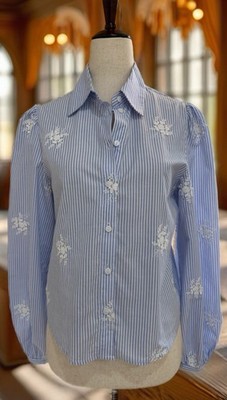 Mango MNG Flower embroidered striped shirt Button Up Short Long Sleeve Size 2