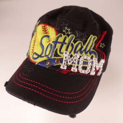 Softball MOM Leather LOGA Women's Hat Black Adjustable Rhinestone Distressed