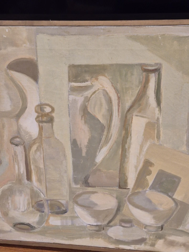 Mid Century Cubist Still Life Oil Painting On Canvas - Image 4 of 4