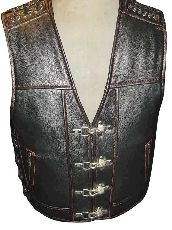 MEN'S GENUINE COW LEATHER VEST MOTORCYCLE CONTRAST STITCH THICK LEATHER VEST