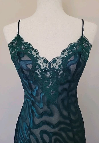 UNDERCOVER Maxi abito slip vintage Victoria Secret taglia S verde pizzo trasparente Y2K spaghetti strap